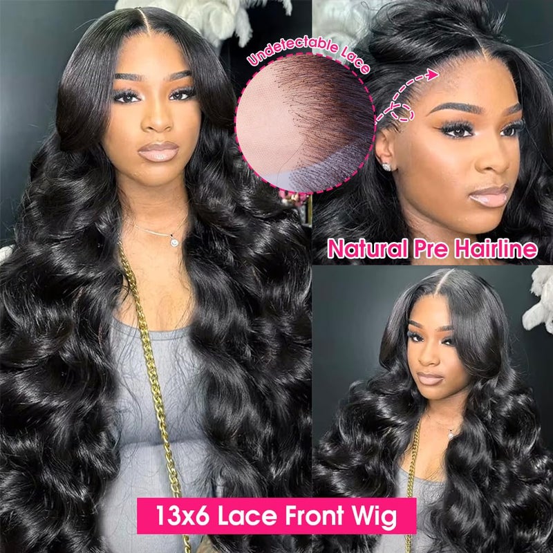 Wingirl 13x6 Body Wave Lace Front Wigs Human Hair Pre Plucked 180 Density HD Transparent Full Lace Frontal Wigs Human Hair for Women Natural Black Color 24Inch - Image 3